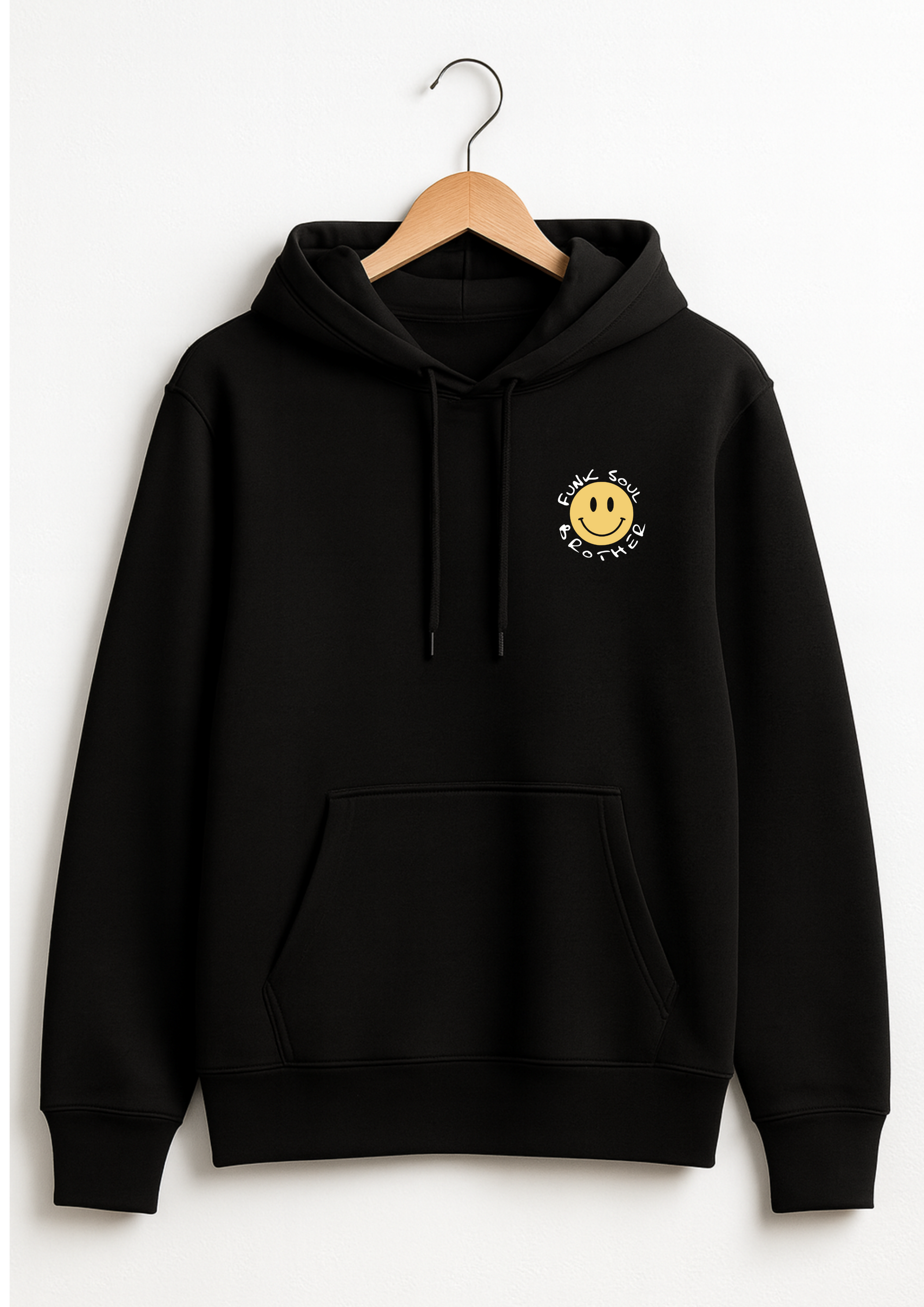 Black hoodie with a smiley face design on a white background