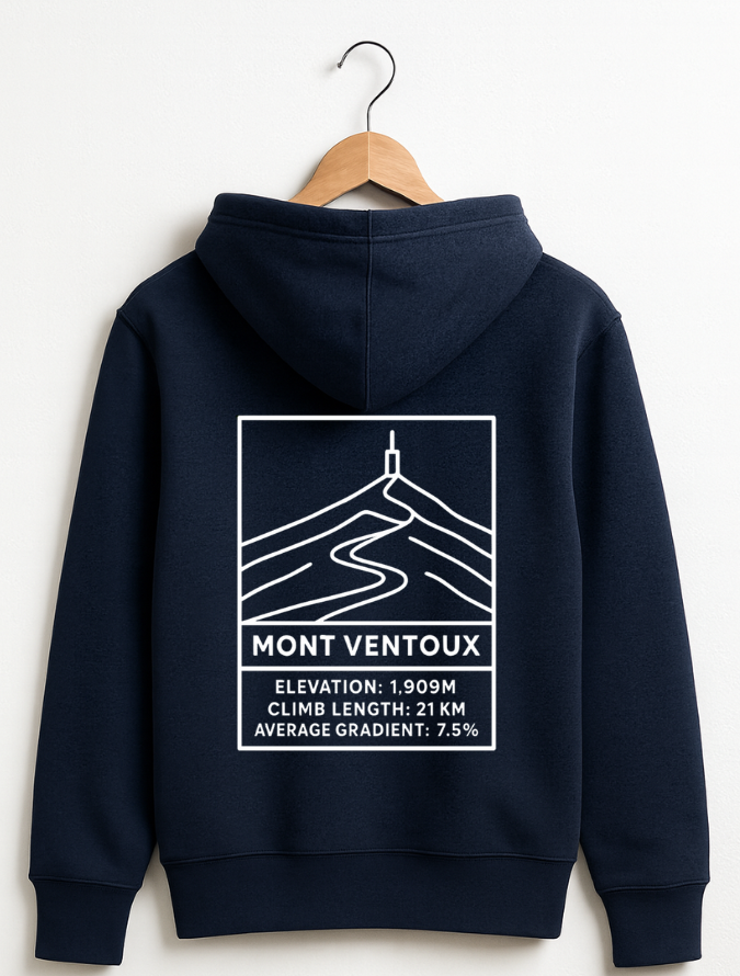 Navy blue hoodie with Mont Ventoux graphic and text on a white background
