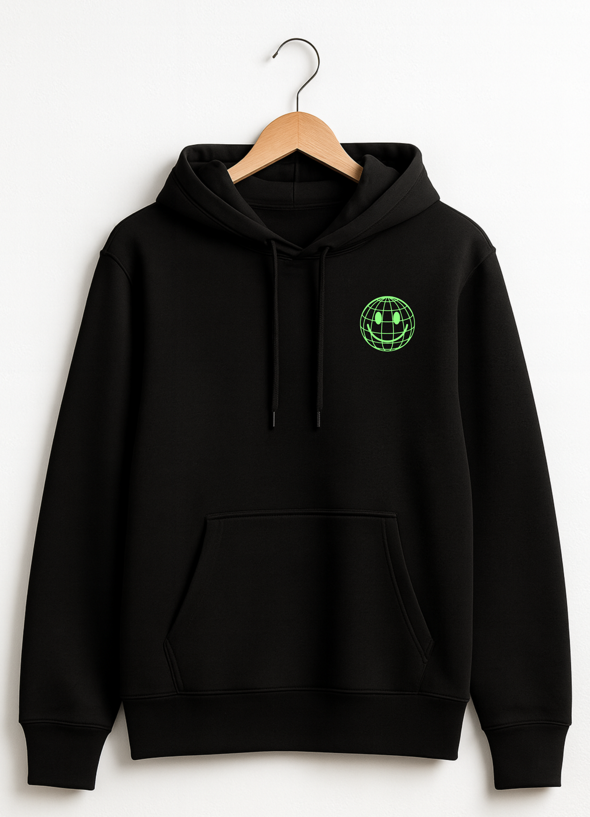 Black hoodie with a green logo on a white background