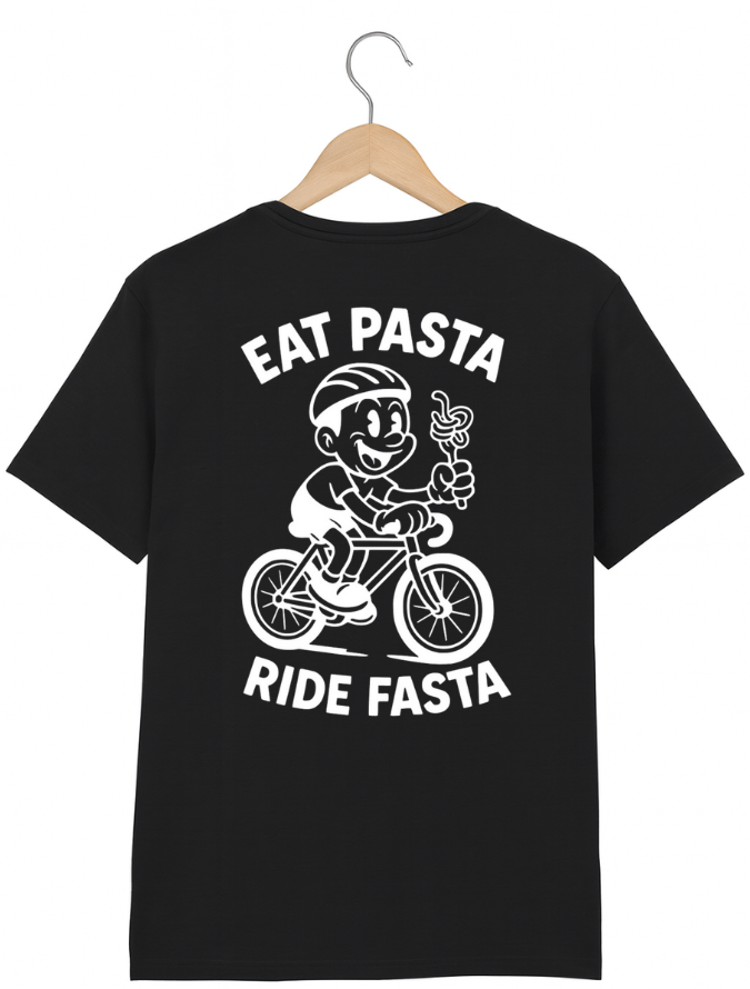 Black t-shirt with a graphic of a character riding a bike and text 'Eat Pasta Ride Fasta' on a hanger.