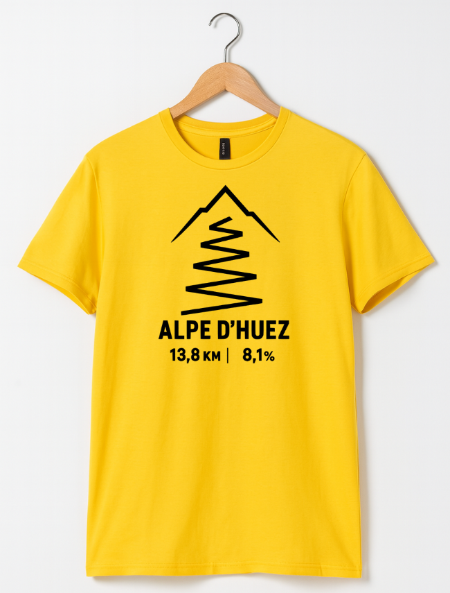 Yellow t-shirt with black graphic and text on a hanger against a white background