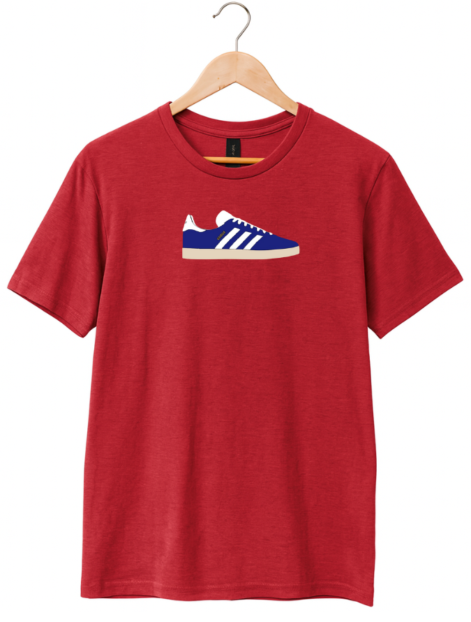 Red t-shirt with a blue and white shoe graphic on a hanger against a white background