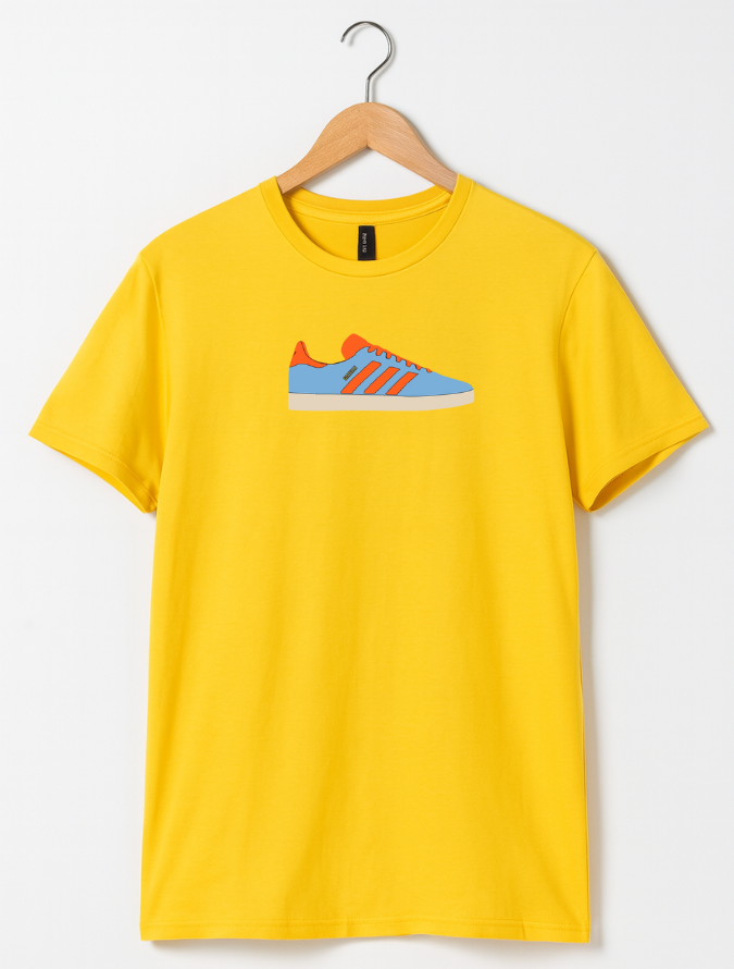 Yellow t-shirt with a shoe graphic on a hanger against a white background
