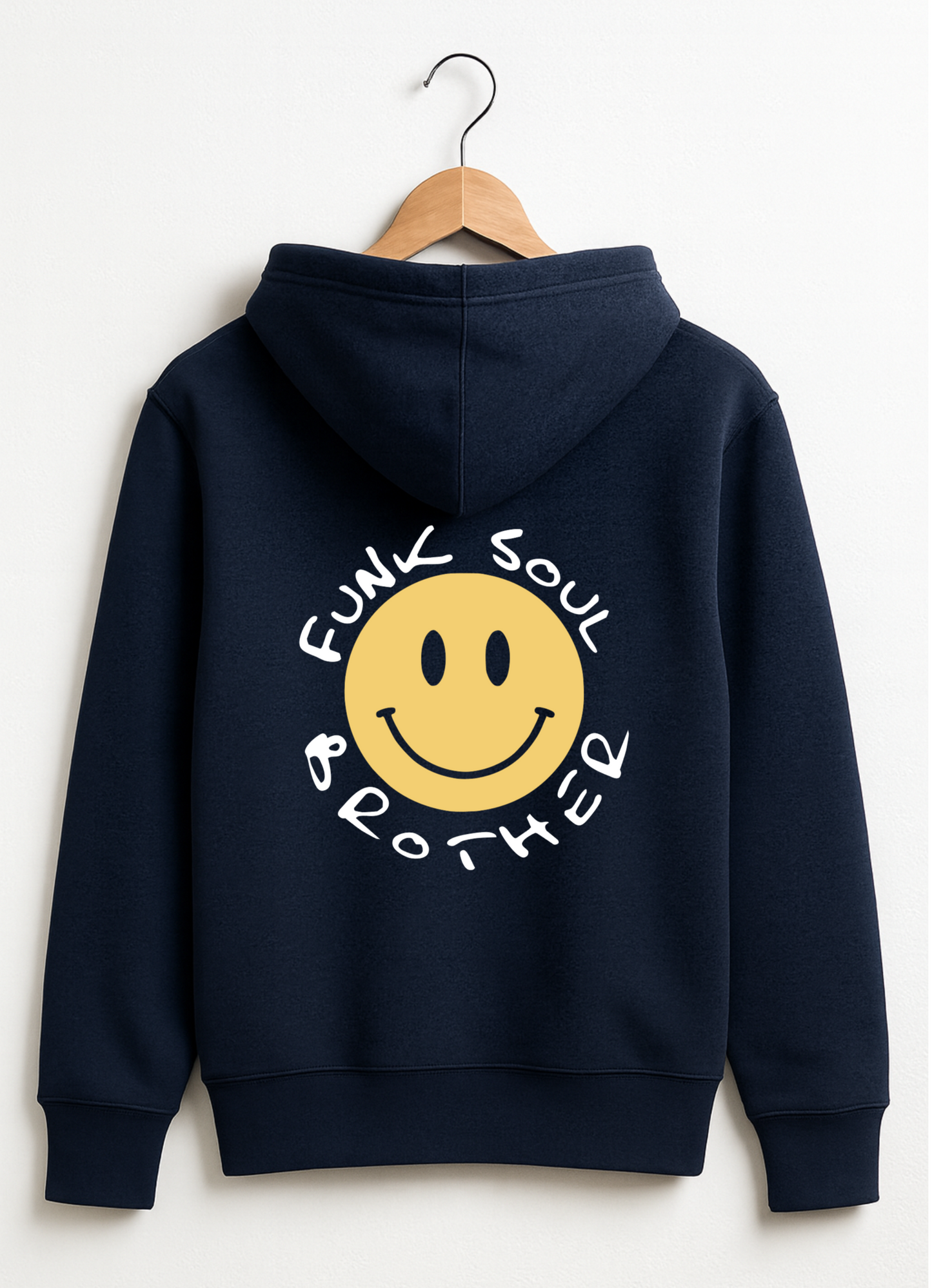 Navy blue hoodie with a yellow smiley face and text on a white background