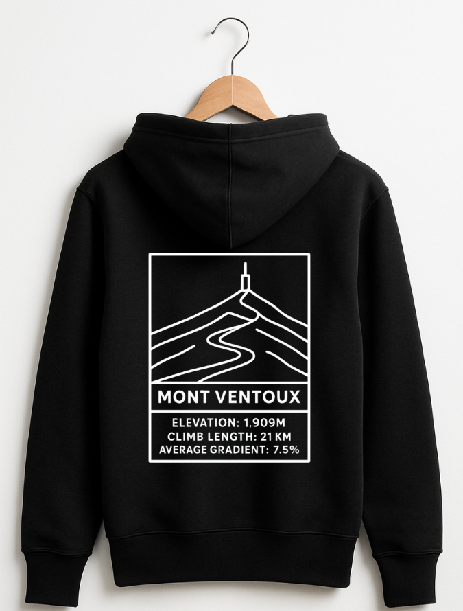 Black hoodie with Mont Ventoux graphic and text on a white background