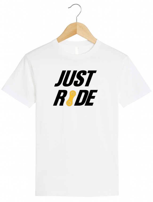 White t-shirt with 'JUST RIDE' text on a hanger against a white background