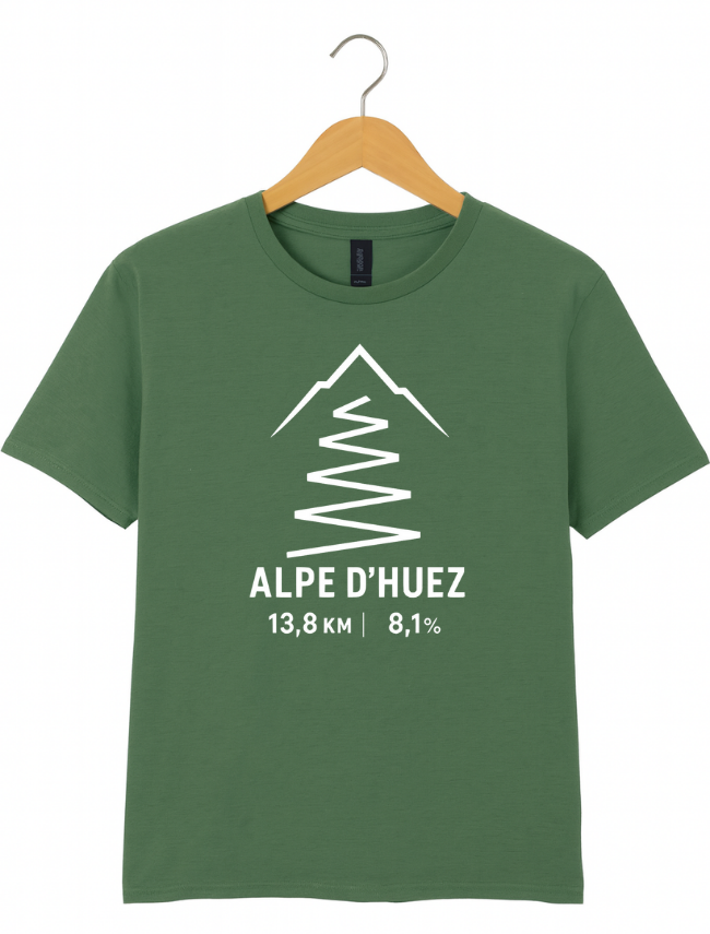 Green t-shirt with white mountain graphic and text on a hanger against a white background