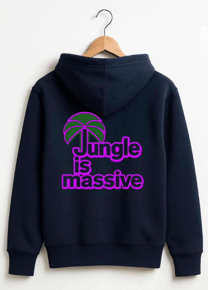 Navy blue hoodie with 'Jungle is massive' text and palm tree graphic on a hanger against a white background