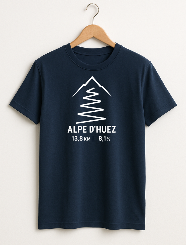 Navy blue  cycling t-shirt with white mountain graphic and text on a hanger against a white background
