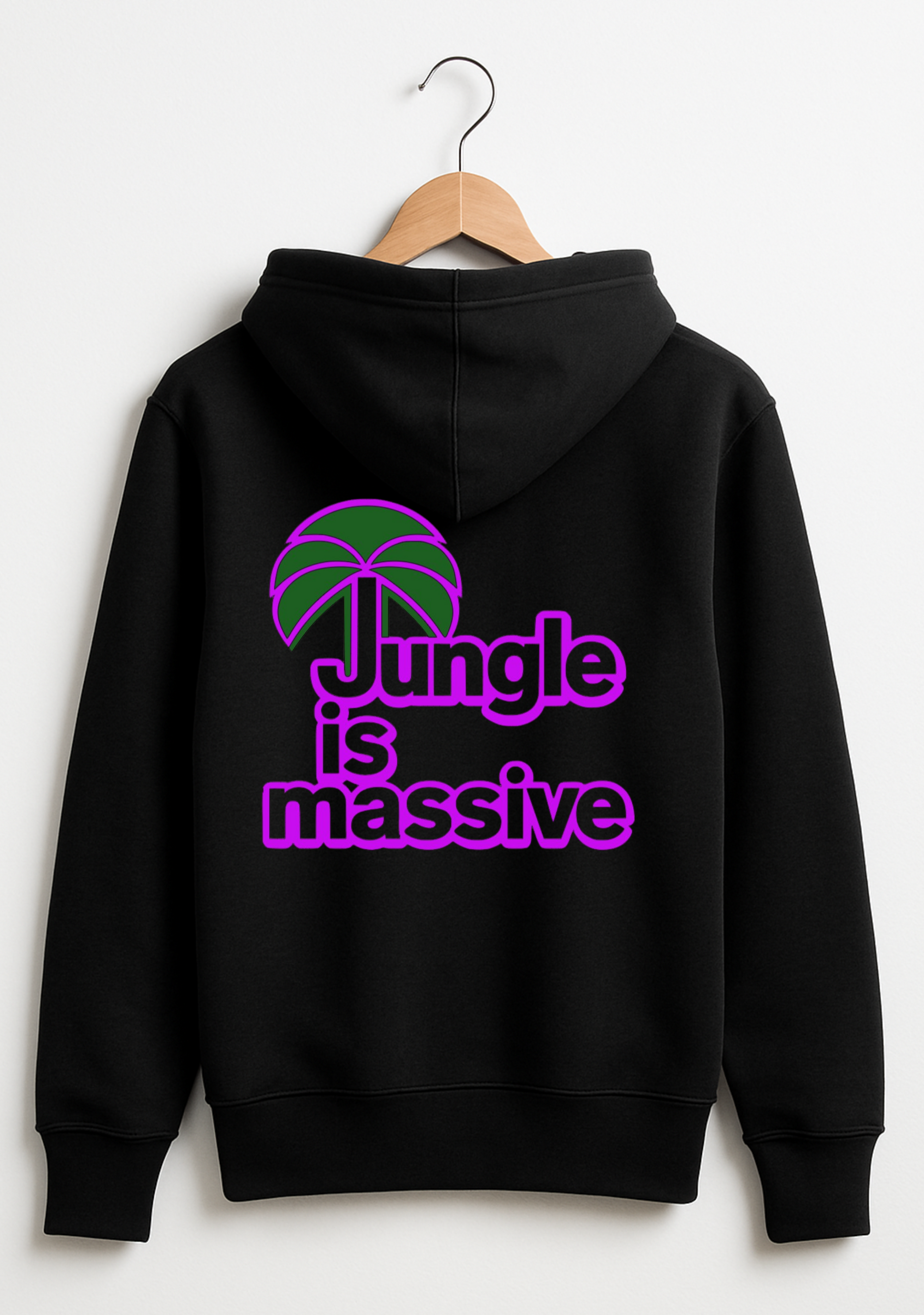 Black hoodie with 'Jungle is massive' text and palm tree graphic on a white background