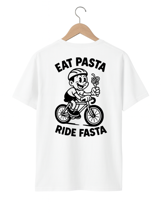 White t-shirt with a graphic of a person riding a bike and text 'Eat Pasta Ride Fasta' on a white background.