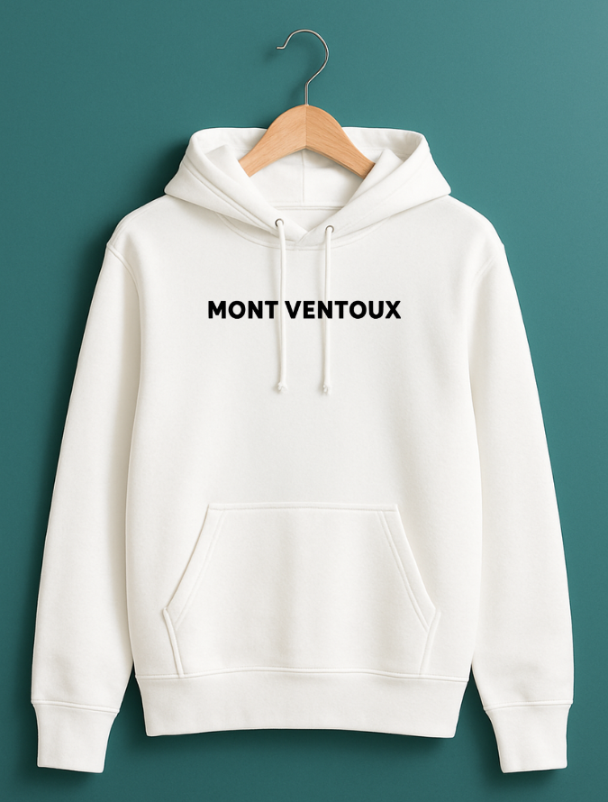White hoodie with 'Mont Ventoux' text on a hanger against a teal background
