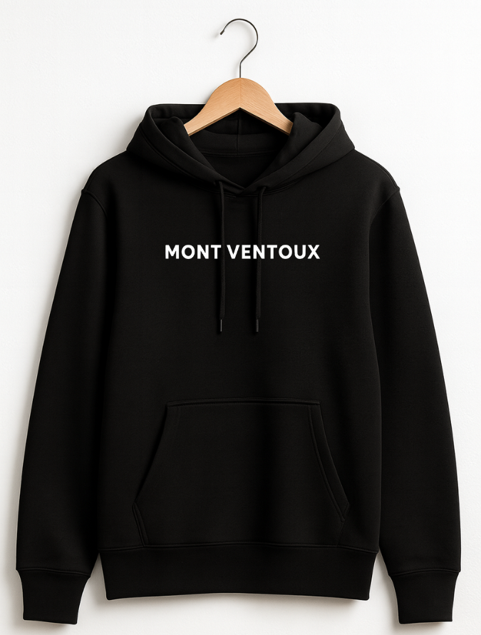 Black hoodie with 'Mont Ventoux' text on a white background