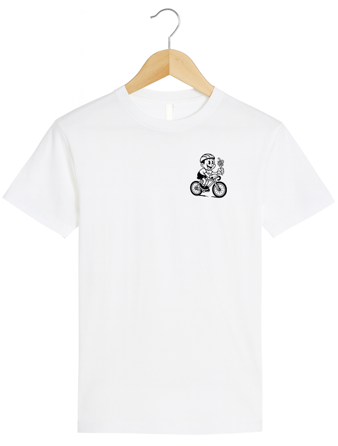White t-shirt with a graphic design on a wooden hanger against a white background