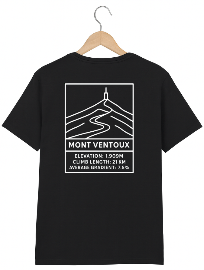 Black T-shirt hanging on a wooden hanger with a white line-art Mont Ventoux graphic and elevation details printed on the back.
