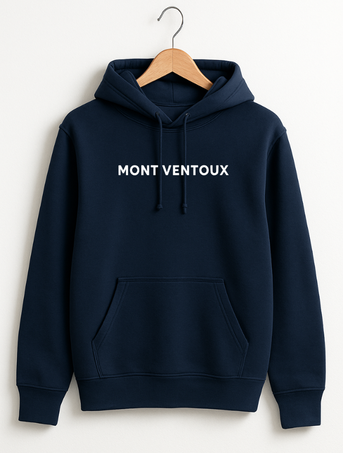 Navy blue hoodie with 'MONT VENTOUX' text on a white background