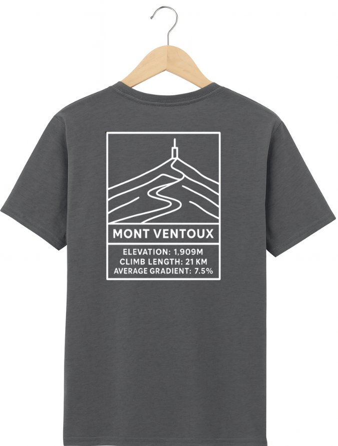 Grey t-shirt with Mont Ventoux graphic and text on a hanger
