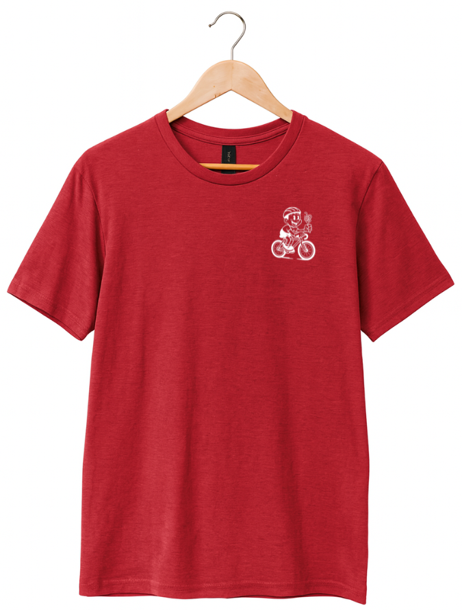 Red t-shirt with a small white graphic on a hanger against a white background