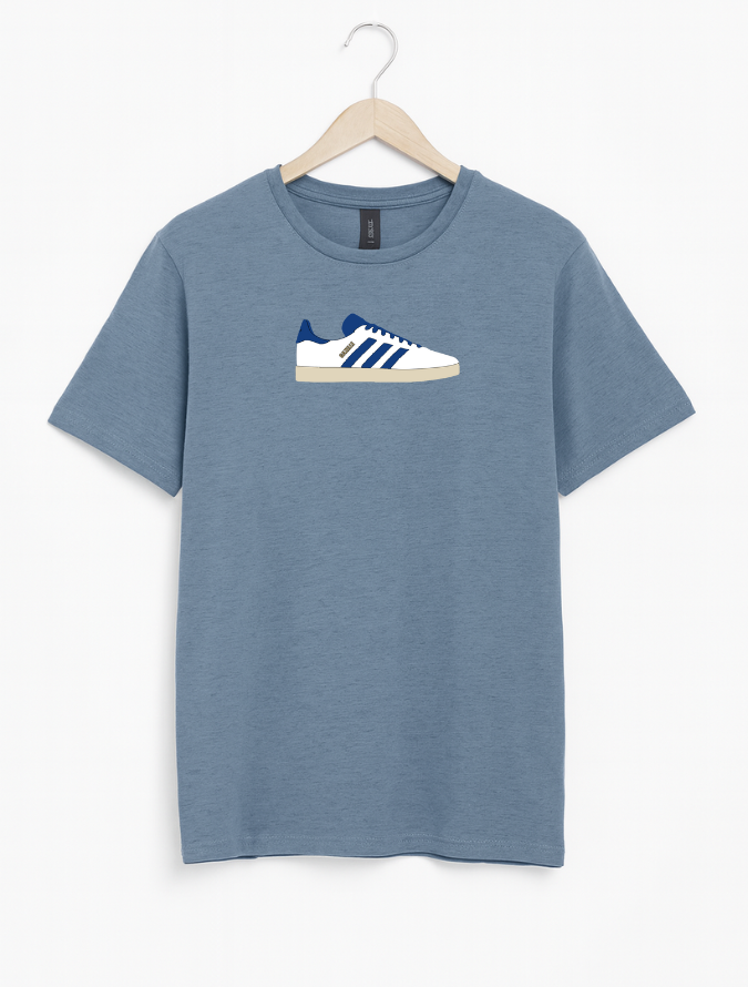 Blue t-shirt with a graphic of a blue and white sneaker on a hanger against a white background