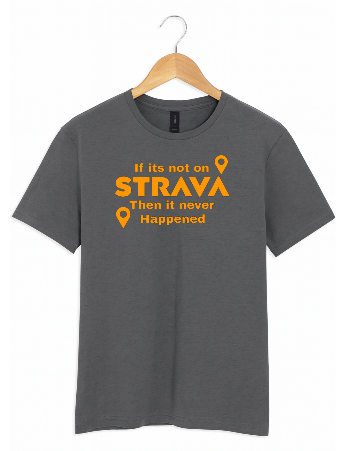 Grey t-shirt with orange strava text and graphics on a hanger against a white background