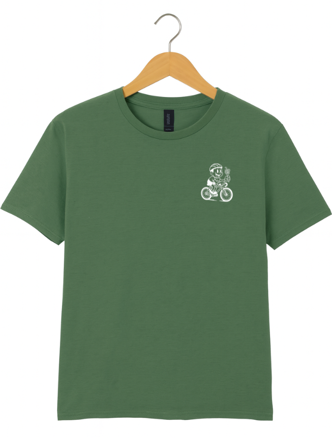 Green t-shirt with a small white graphic on a hanger against a white background