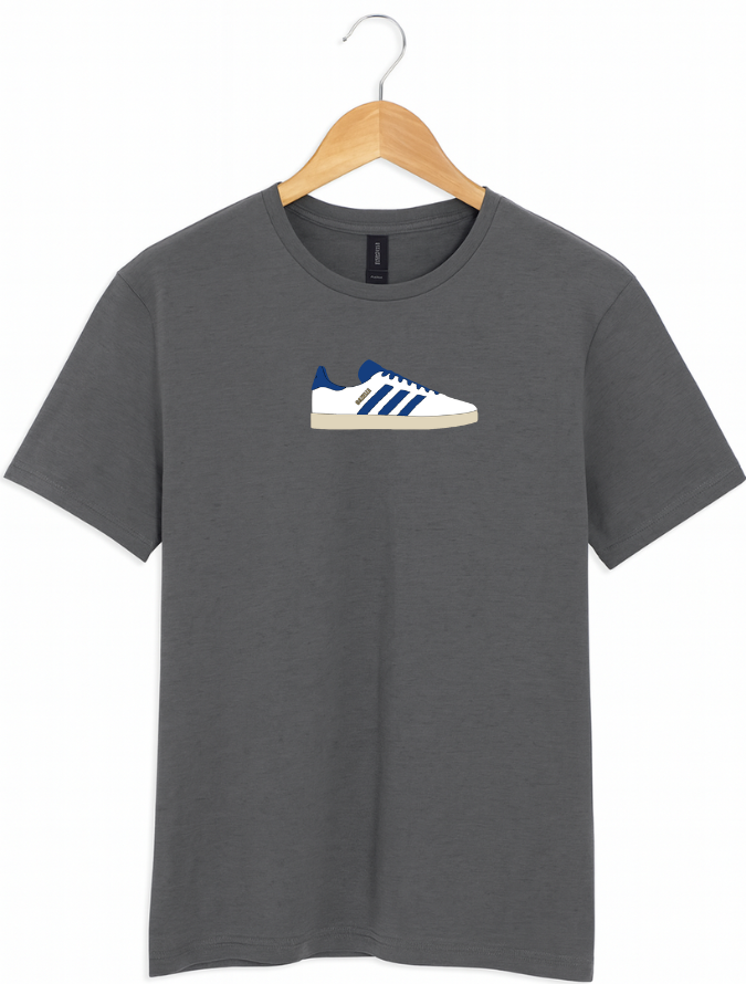 Grey t-shirt with a graphic of a sneaker on a hanger against a white background
