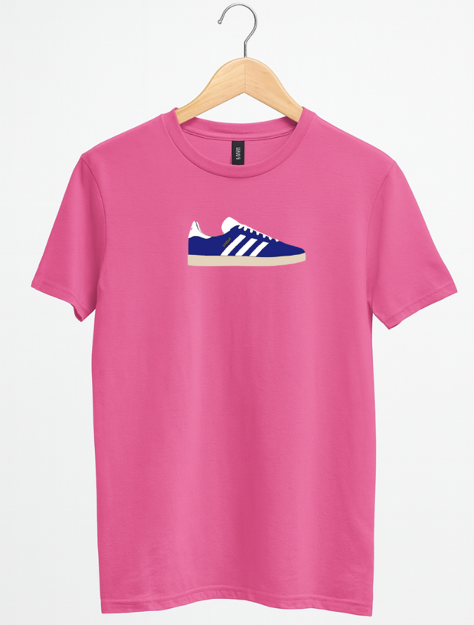Pink t-shirt with a blue and white sneaker graphic on a hanger against a white background