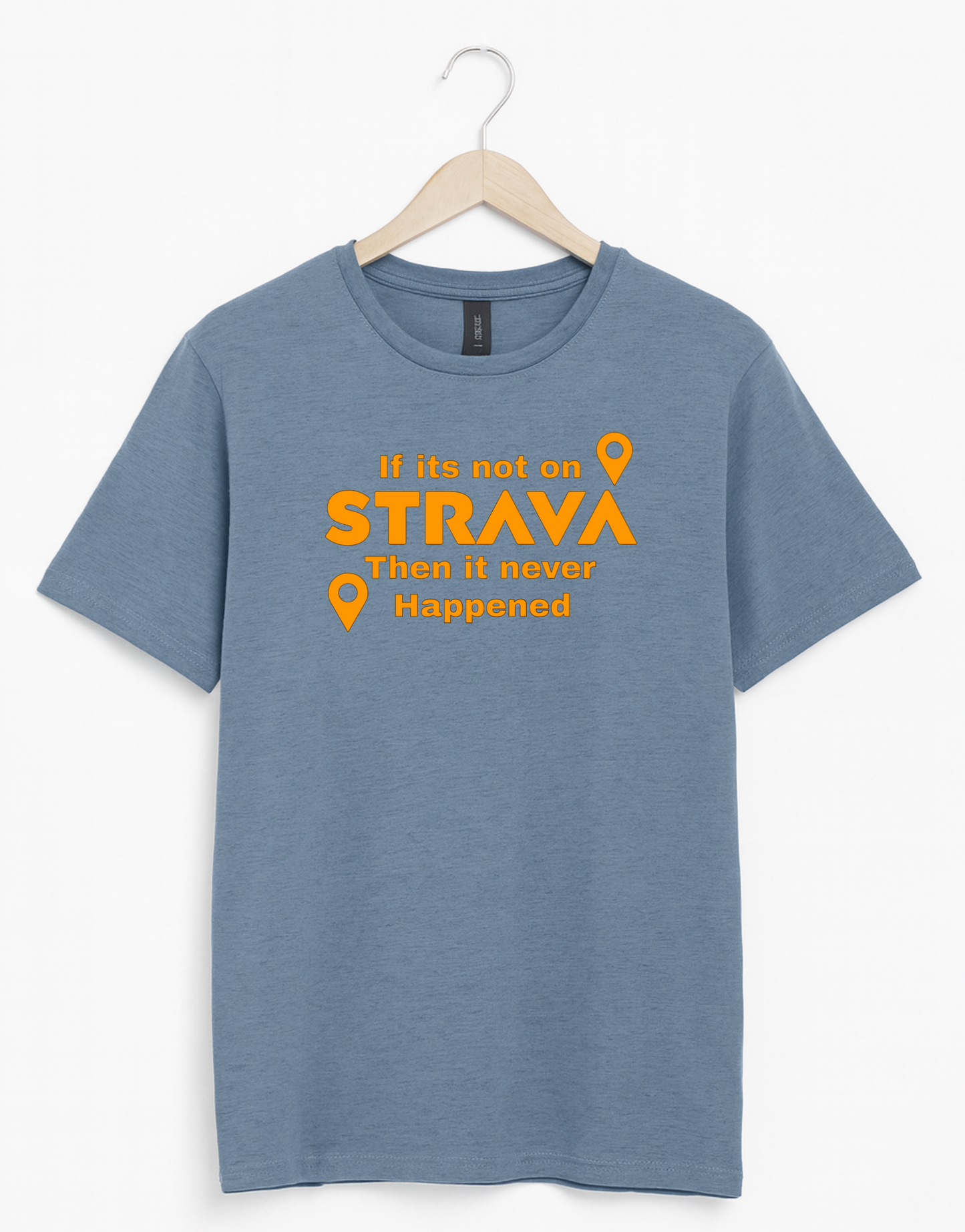 Blue t-shirt with orange strava
 text and graphics on a white background