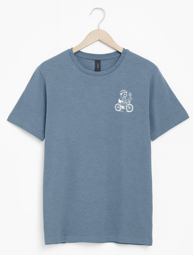 Blue t-shirt with a small graphic on a hanger against a white background