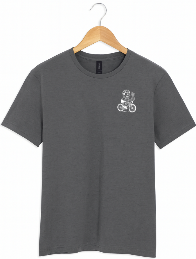 Grey t-shirt with a small graphic on a hanger against a white background