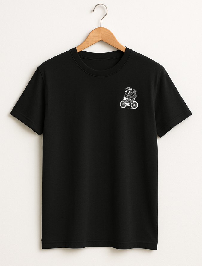 Black t-shirt with a small white graphic on a hanger against a white background