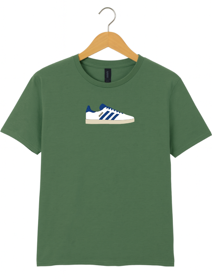 Green t-shirt with a graphic of blue and white sneakers on a hanger against a white background