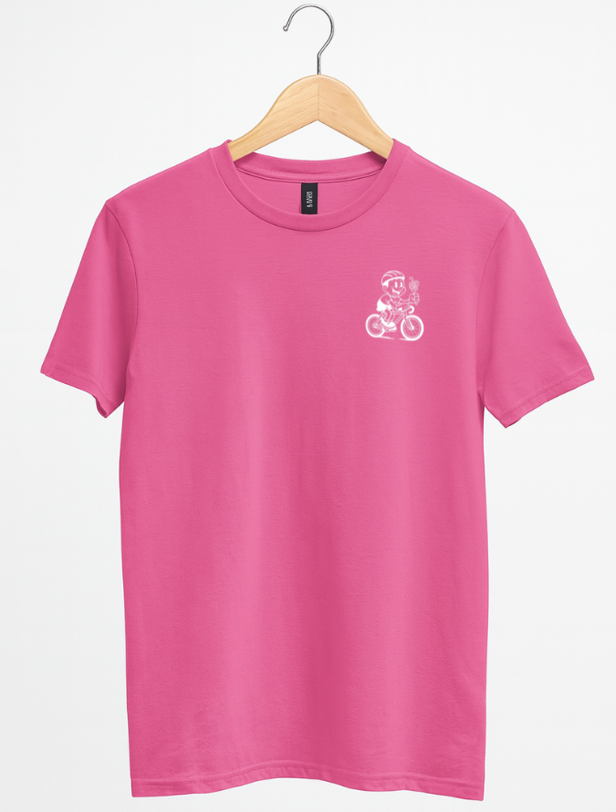 Pink t-shirt with a small white graphic on a hanger against a white background