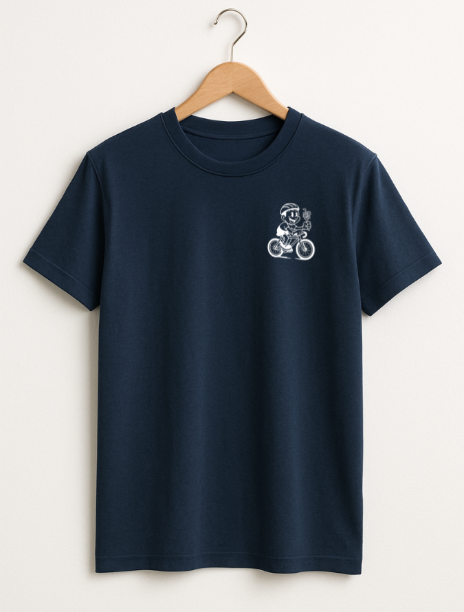 Navy blue t-shirt with a white graphic on a hanger against a white background