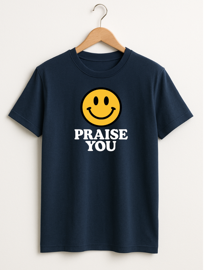 Navy blue t-shirt with a smiley face and 'PRAISE YOU' text on a hanger against a white background