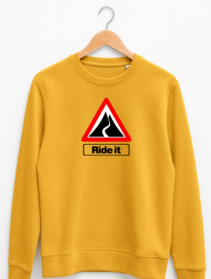 Yellow sweatshirt with a graphic design and 'Ride it' text on a white background