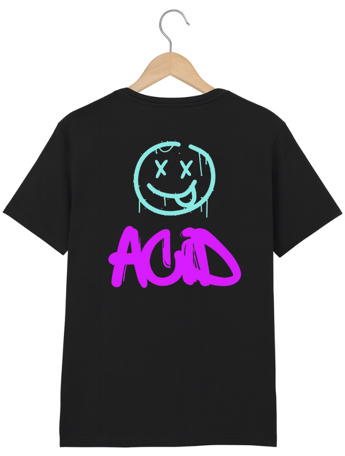 Black t-shirt with a smiley face and 'ACID' text on a hanger against a white background