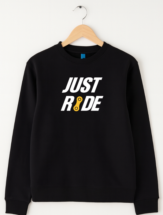 Black sweatshirt with 'JUST RIDE' text on a hanger against a white background