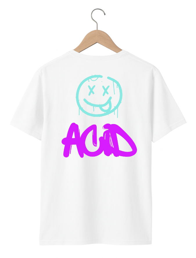 White t-shirt with a smiley face and 'ACID' text on a hanger against a white background