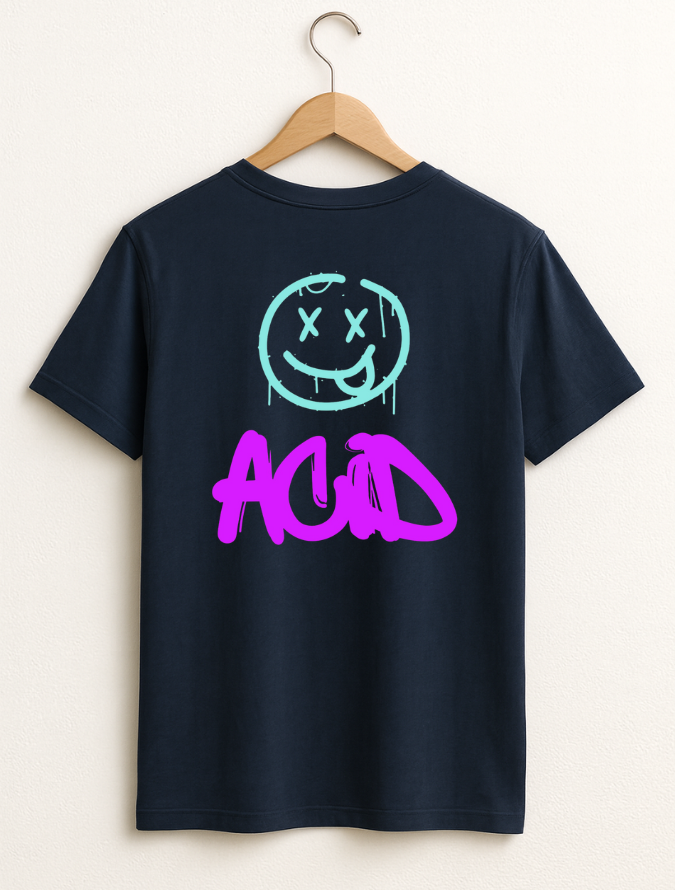 Black t-shirt with a smiley face and 'ACID' text on a hanger against a white background