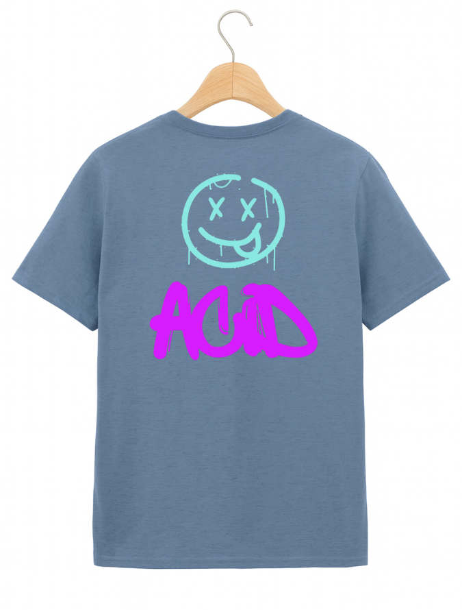 Blue t-shirt with a smiley face and 'ACID' text on a hanger against a white background