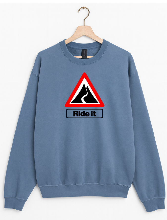 Blue sweatshirt with a graphic design and 'Ride it' text on a white background