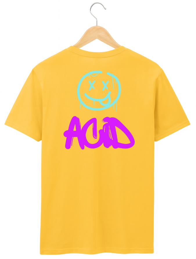Yellow t-shirt with a smiley face and 'ACID' text on a hanger against a white background