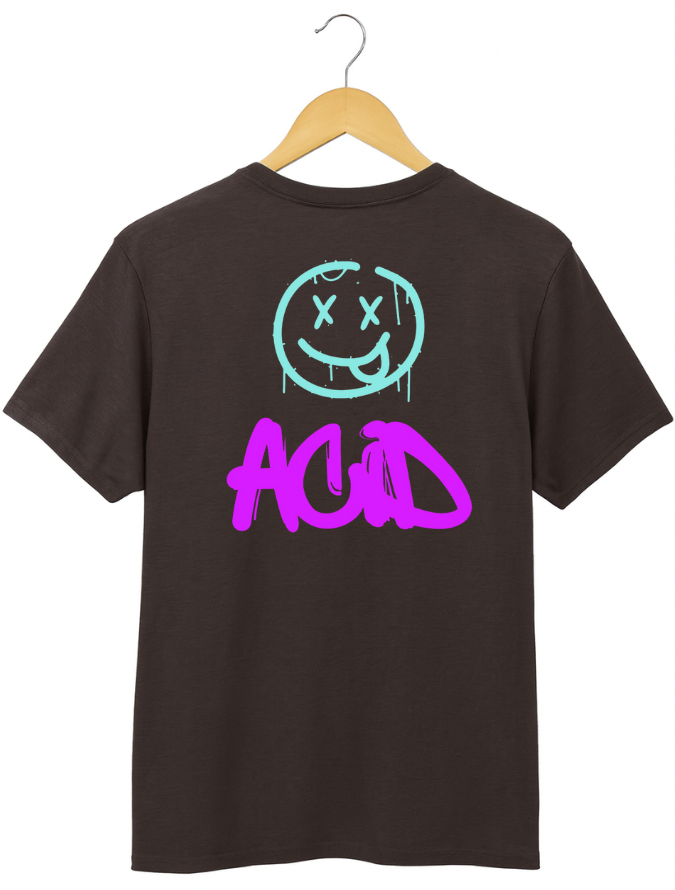 Brown t-shirt with a smiley face and 'ACID' text on a hanger