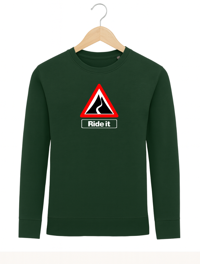 Green sweatshirt with a red and white triangle warning sign and 'Ride it' text on a hanger against a white background