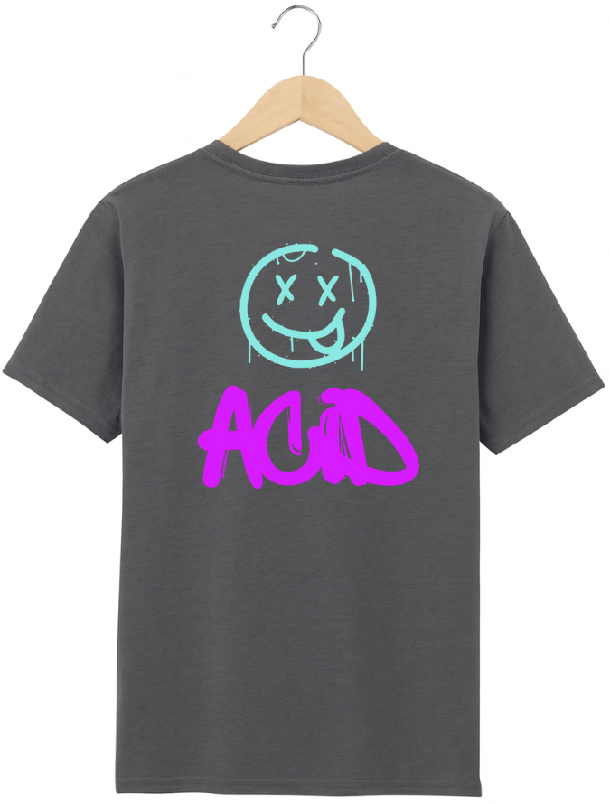 Grey t-shirt with a smiley face and 'ACID' text on a hanger against a white background