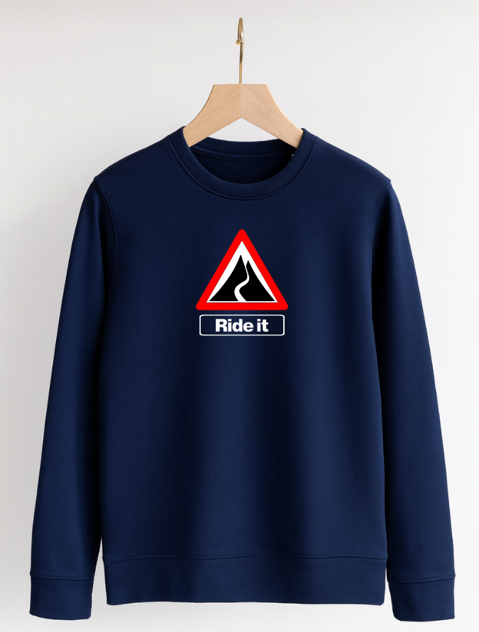 Navy blue sweatshirt with a red and white triangle warning sign and 'Ride it' text on a white background.
