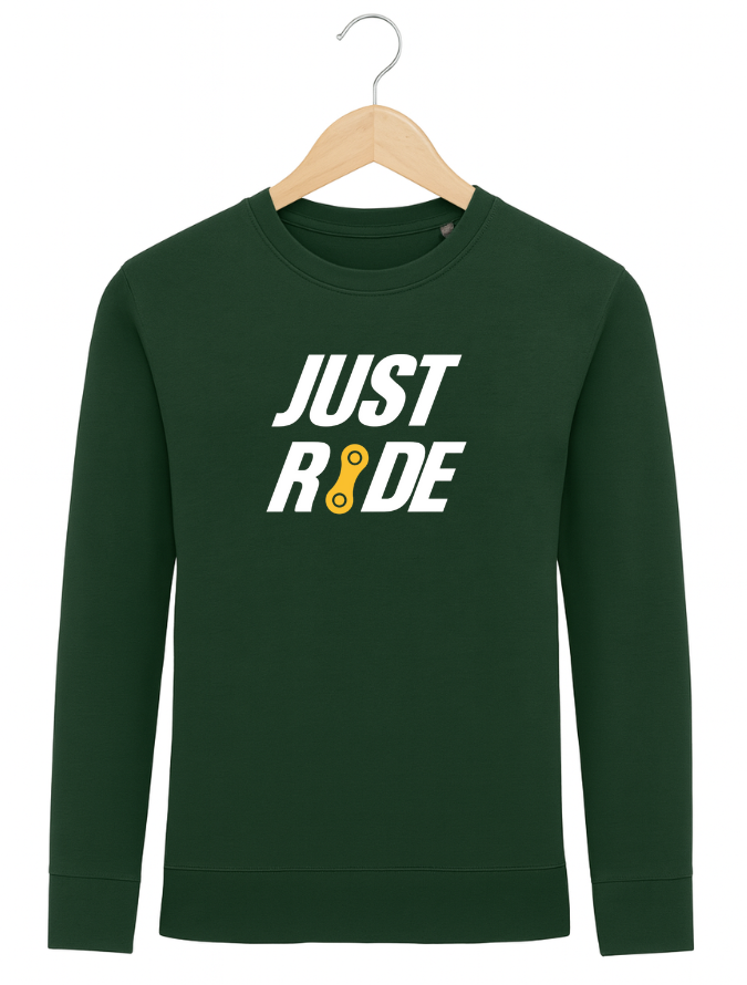 Green sweatshirt with 'JUST RIDE' text on a hanger against a white background