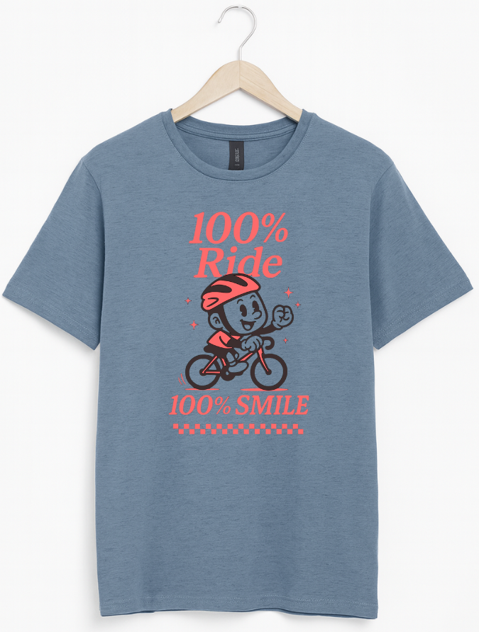 Blue cycling t-shirt with a cartoon character and text on a hanger against a white background