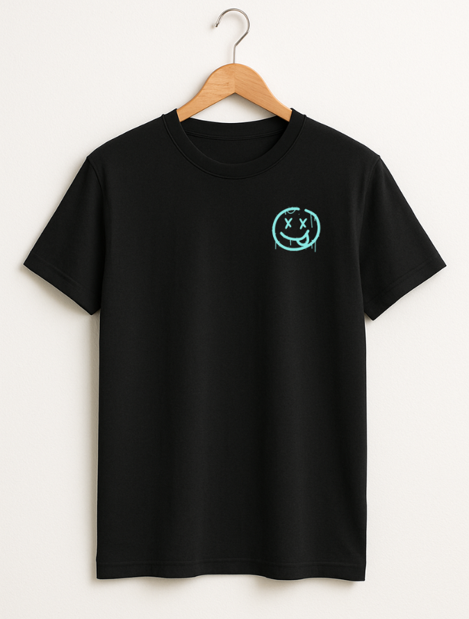 Black t-shirt with a small logo on a hanger against a white background